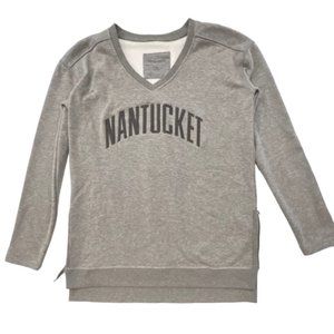 Fleece Lined V-neck Pullover Sweatshirt Nantucket Embroidered Grey Side Zip MED